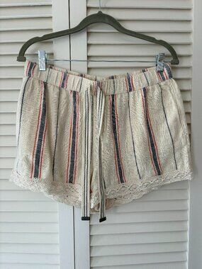 NWT aerie shorts medium striped 100% cotton cream blue red lace lounge *flaw*